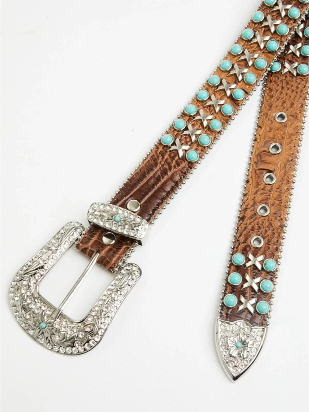 SHYANNE WOMEN'S EMBELLISHED CROC PRINT STUDDED LEATHER BELT